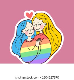 LGBT Lesbian family concept. Kiss and hug sticker. Vector illustration. Doodle style and rainbow sign
