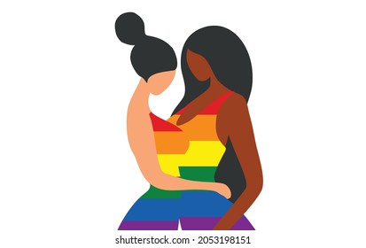 LGBT lesbian transgender couple in rainbow color flag vector illustration