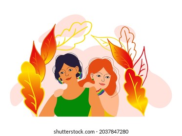 Lgbt lesbian women girls couple. Two lovers are hugging. Make love concept. Happy smiling homosexual females enjoy togetherness. Flat vector style