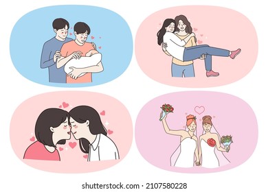 Lgbt lesbians and gays couple concept. Set of young positive women lesbians and men gays having rainbow in head marrying another woman kissing hugging adopting baby vector illustration 