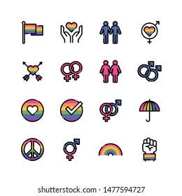 LGBT, LGBTQ color linear icons set. Homosexual love and flag illustration.