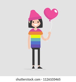 LGBT, LGBTQ+. Young smiling character wearing a rainbow t shirt and holding a heart shape balloon. Flat editable vector illustration, clip art