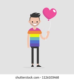 LGBT, LGBTQ+. Young smiling character wearing a rainbow t shirt and holding a heart shape balloon. Flat editable vector illustration, clip art
