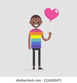 LGBT, LGBTQ+. Young smiling character wearing a rainbow t shirt and holding a heart shape balloon. Flat editable vector illustration, clip art