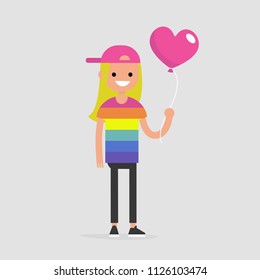 LGBT, LGBTQ+. Young smiling character wearing a rainbow t shirt and holding a heart shape balloon. Flat editable vector illustration, clip art