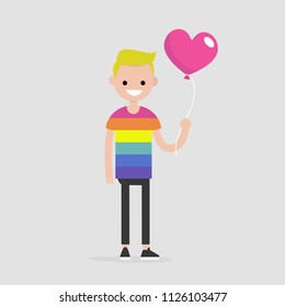LGBT, LGBTQ+. Young smiling character wearing a rainbow t shirt and holding a heart shape balloon. Flat editable vector illustration, clip art