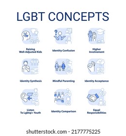 LGBT light blue concept icons set. Culture and movement. LGBTQ community idea thin line color illustrations. Isolated symbols. Editable stroke. Roboto-Medium, Myriad Pro-Bold fonts used