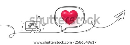 Lgbt line icon. Continuous line with share plane. Pride flag with rainbow sign. Gender diversity symbol. 3d heart in speech bubble. Lgbt single line ribbon. Loop curve pattern. Vector