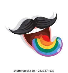 Lgbt Lips With Mustaches and Rainbow Color Tongue. LGBTQ gay pride flag colors. Text Lgbt Pride Month. Illustration, Vector, Poster, Background or wallpaper.   
  