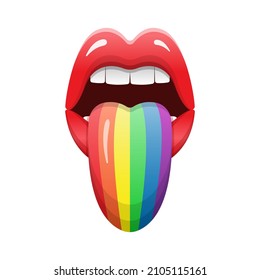 LGBT Lips With Rainbow Color Tongue. Gay And Lesbian Pride Vector Illustration on White Background.