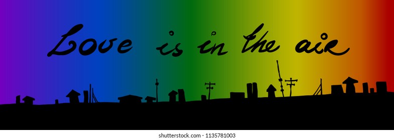 LGBT logo symbol sticker. 
roof icon in rainbow colors. Black city silhouette print for shirt.