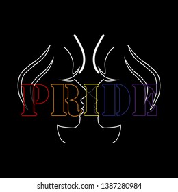 LGBT logo symbol with the text pride ans two lady behind. Colorful pride design with love