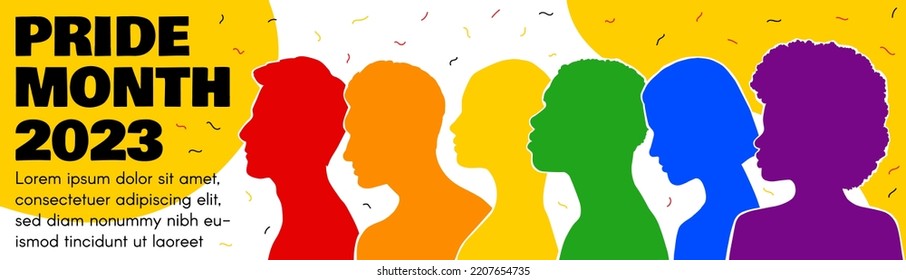 LGBT long banner 2023. Silhouettes of diverse people painted in the colors of the rainbow. Pride Month. Place for text. Vector flat illustration.