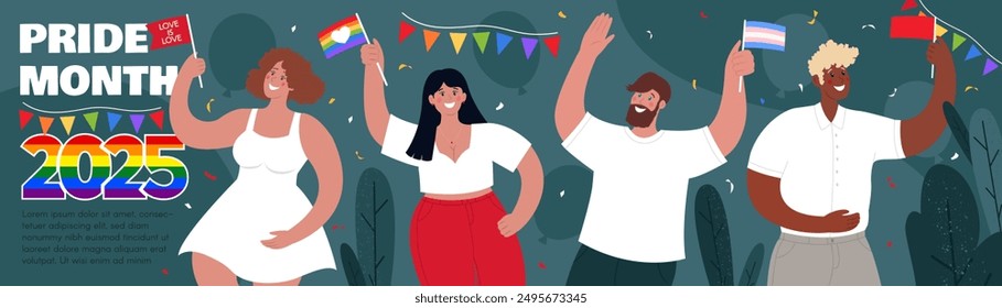 LGBT long banner with Diverse people. Pride Month 2025. A place for text. Vector flat illustration.