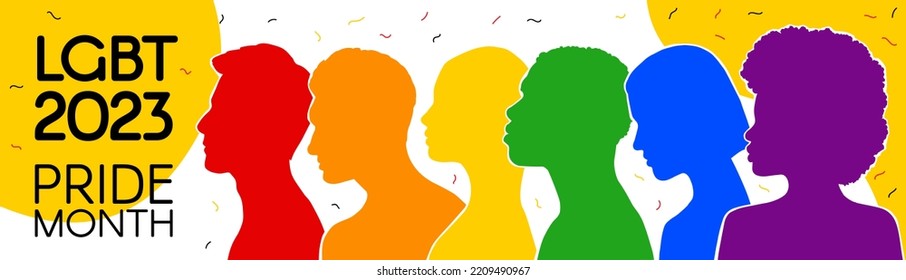 LGBT long banner. Silhouettes of diverse people painted in the colors of the rainbow. Pride Month. Place for text. Vector flat illustration.