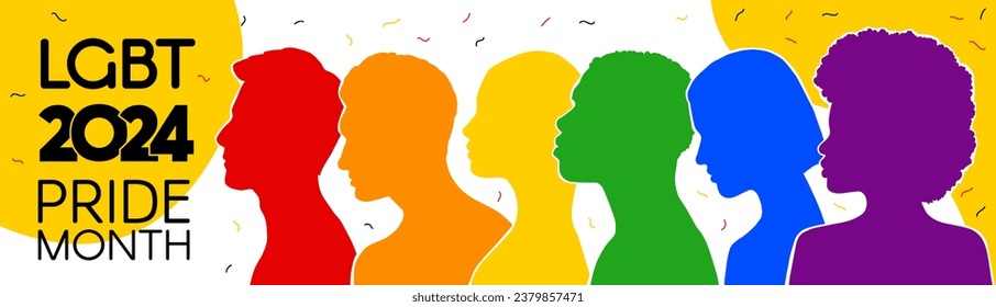 LGBT long banner. Silhouettes of diverse people are painted in the colors of the rainbow. Pride Month 2024. A place for text. Vector flat illustration.	