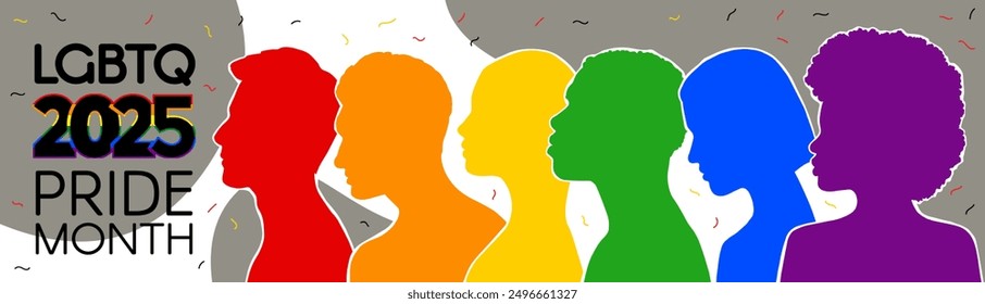 LGBT long banner. Silhouettes of diverse people are painted in the colors of the rainbow. Pride Month 2025. A place for text. Vector flat illustration.	