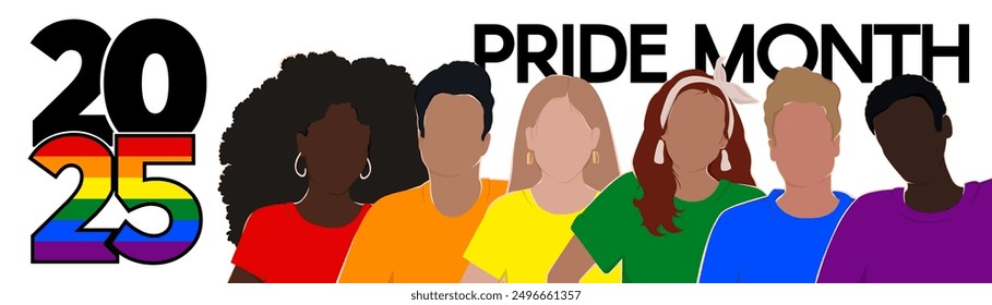 LGBT long banner. Silhouettes of diverse people are painted in the colors of the rainbow. Pride Month 2025. A place for text. Vector flat illustration.	