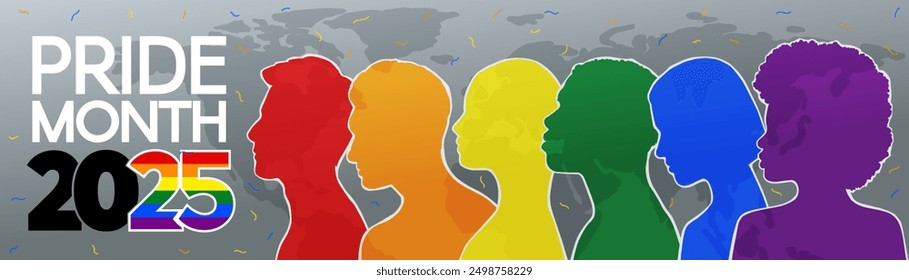 LGBT long banner. Silhouettes of diverse people are painted in the colors of the rainbow. Pride Month 2025. A place for text. Vector flat illustration.	