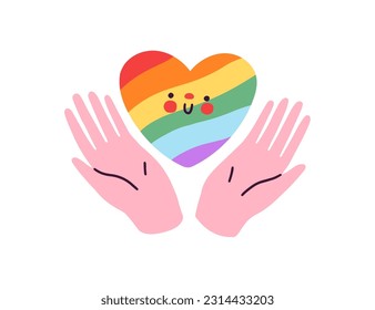 A los LGBT les encanta el corazón de los colores del arcoiris. Manos de apoyo a los derechos LGBTQ, homosexuales, bisexuales, transgénero. Mes de orgullo, linda pegatina. Ilustración vectorial gráfica plana aislada en fondo blanco