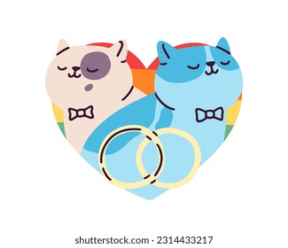 LGBT love, homosexual mariage, gay wedding concept. Cute happy romantic cats, married LGBTQ couple with engagement rings, funny sticker. Flat graphic vector illustration isolated on white background