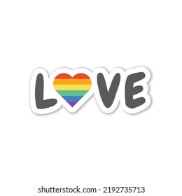Lgbt love letters and rainbow flag. Heart and large letters colorful sticker.