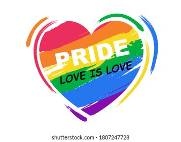 Concepto de vector de amor LGBT: "Orgullo" y "Amor es Amor" texto dentro del arco iris con forma de corazón en el pincel