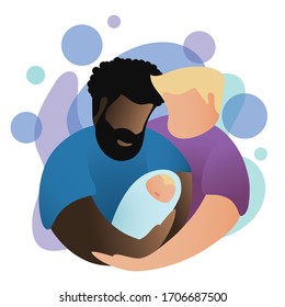 Lgbt male family hugging their little baby. Adoption in gay family concept.Two fathers and baby on blue and white background. Homosexual couple adopting. Modern vector in flat minimalistic style