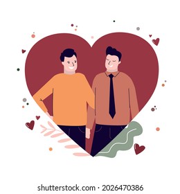 LGBT men couple stands in heart. Cute gay pair hugs. Homosexual relationship. Love story and family relationship concept. Romantic and happy boyfriends. Valentine day or dating. Vector illustration