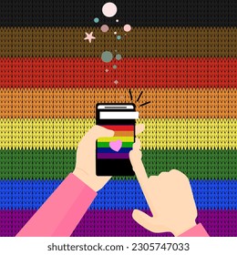 LGBT Mobile envía amor de relación con el color arcoiris LGBT. Mano sujete el teléfono. Tejido. Bandera arcoiris. MES DE ORGULLO LGBT.