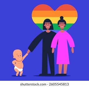 LGBT Mothers teaching baby to walk. Flat vector illustration in cartoon style.