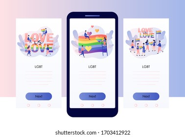 LGBT movement concept. Love is love. Tiny people with Rainbow coloured flag and hearts. Love parade. Screen template for mobile smart phone. Modern flat cartoon style. Vector illustration 