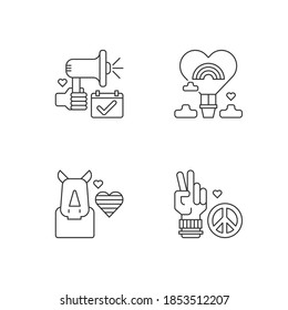 LGBT movement linear icons set. Rhinoceros and rainbow heart. Air balloon. Peace symbol. Customizable thin line contour symbols. Isolated vector outline illustrations. Editable stroke