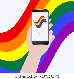 LGBT movement rainbow pride flag on smartphone screen - colorful background - vector. Gay Pride. LGBT concept.