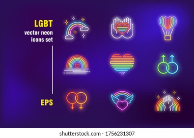 LGBT neon signs set. Rainbow heart, gay couple symbol, fight for right, homosexuality. Night bright advertising. Vector illustration in neon style for banners, posters, pride parade flyers design