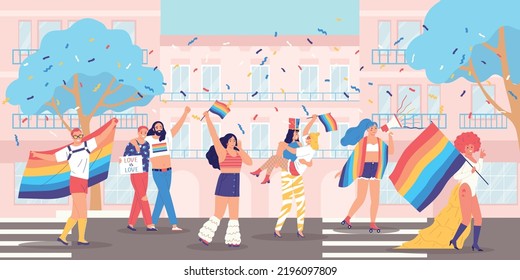 Lgbt parade composition vector men and women walk on streets of the city in gay parade with rainbow attributes illustration