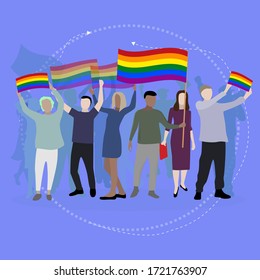 Lgbt parade, gays and lesbians with rainbow flags. Pride love illustration, lgbtq homosexual and transgender freedom demonstration vector