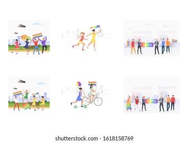 LGBT parade set. Gay people walking with rainbow flags, holding posters. Flat vector illustrations. Homosexuality, lifestyle, pride concept for banner, website design or landing web page