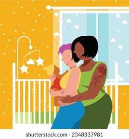 LGBT Parenthood - Embracing Diversity in Parenting - Tender Moment: Two Moms Embrace, Caring for Newborn in Home Nursery