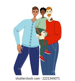 LGBT Parenting. Vector Illustration Of Foster Fathers. Homosexual Daddy Holds Child, Second Dad Hugs Them. Multiracial Family. Close Up Portrait.