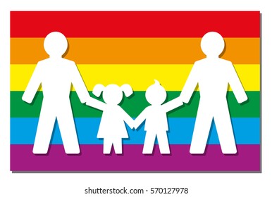 LGBT parents - two dads with daughter and son - icon on pride flag.