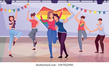 Lgbt party flat background with funny young people participating in gathering vector illustration