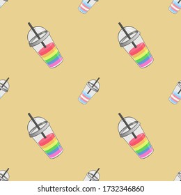 LGBT pattern with cups with drinks colored like rainbow and transgender flags. Pride seamless background or texture.
