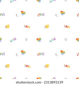 LGBT pattern, print. Seamless LGBTQ background, endless repeating texture design. Rainbow-colored hearts, homosexual love, pride month. Flat vector illustration for wrapping, wallpaper, fabric