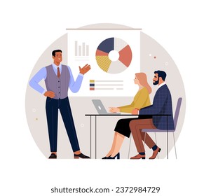 LGBT people in business. Vector cartoon illustration in a flat style of sitting man and woman at a desk with a laptop, in front of which a gay man stands against the background of a board with graphs.