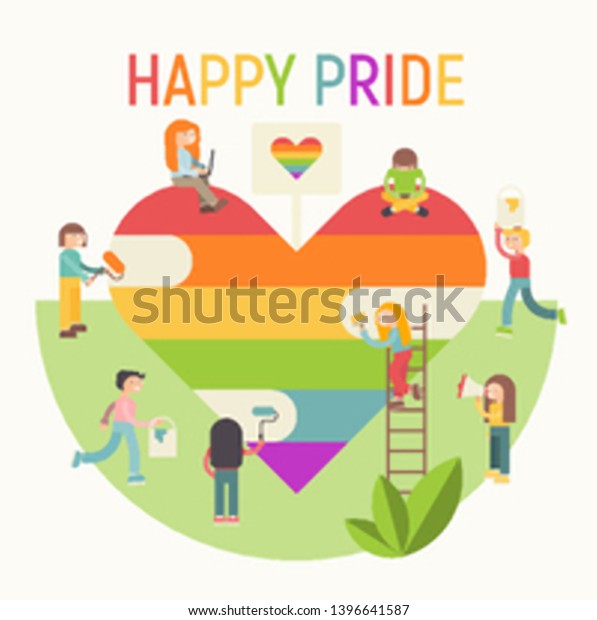 Lgbt人々のコミュニティポスター 誇りを持て Lgbtqの かわいい人たち が巨大な虹の心を描いている 人権 ベクターイラスト ラブパレードやオンラインデートのエンブレム のベクター画像素材 ロイヤリティフリー
