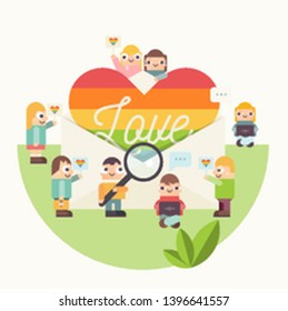 LGBT People Community Poster. LGBTQ Group of Cartoon Cute People is near Rainbow Heart in Envelope with text Love. Human Rights Concept. Vector Illustration. Emblem for Love Parade or Online Dating.