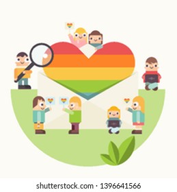 LGBT People Community Poster. LGBTQ Group of Cartoon Cute People is near Huge Rainbow Heart in Envelope. Human rights Concept. Vector Illustration. Emblem for Love Parade or Online Dating. 
