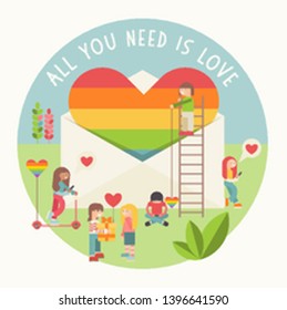 LGBT People Community Poster. LGBTQ Group of Cartoon Cute People is near Huge Rainbow Heart in Envelope. Human rights. Vector Illustration.
Emblem for Love Parade or Online Dating.