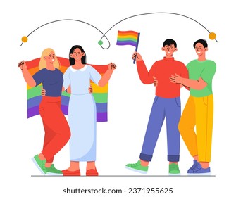 LGBT people concept. Men and women with rainbow colorful flags. Young guys and girls with love. Romance and passion. Cartoon flat vector illustration isolated on white background